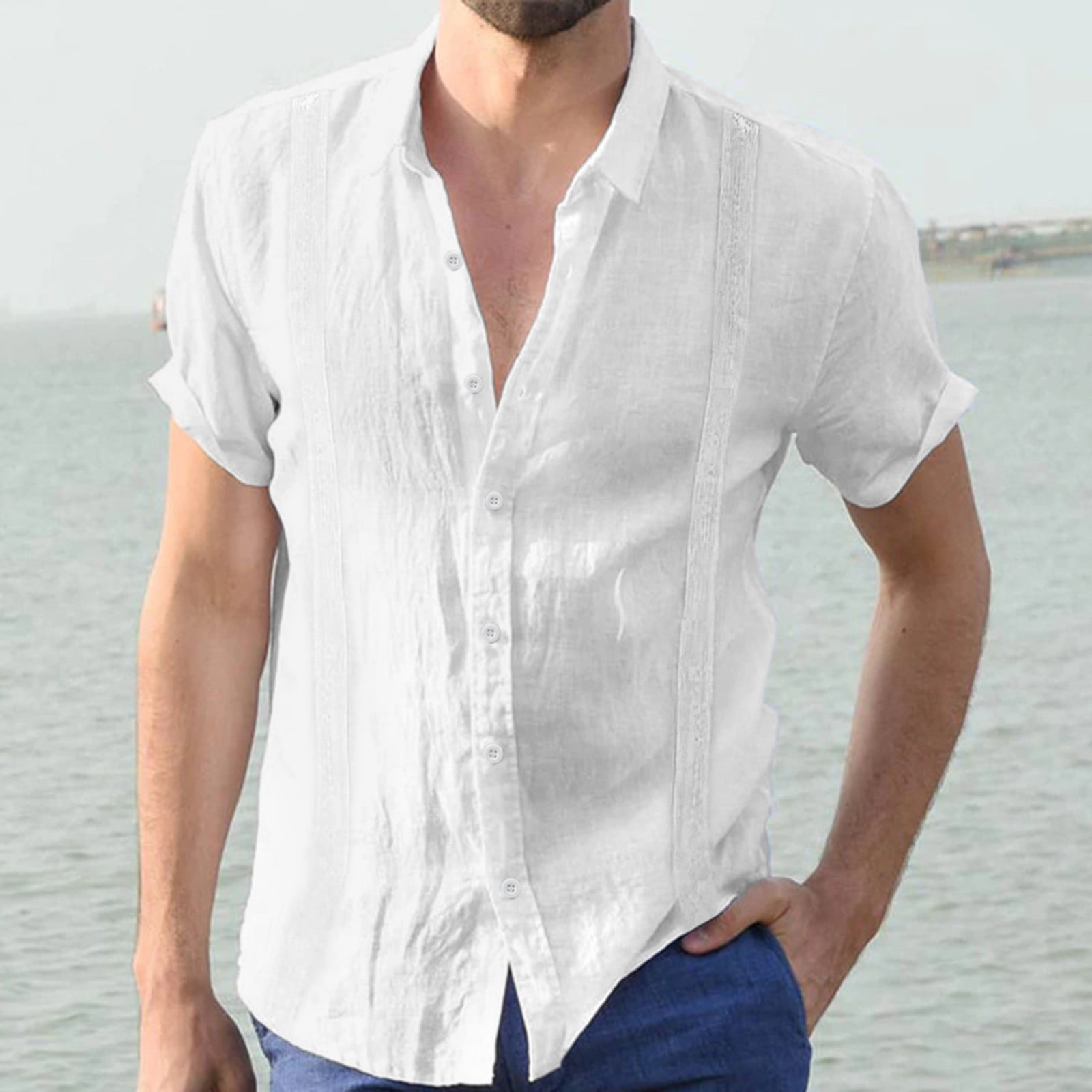 Male Summer Casual Top Shirt Embroidery Edge Solid Shirts Short