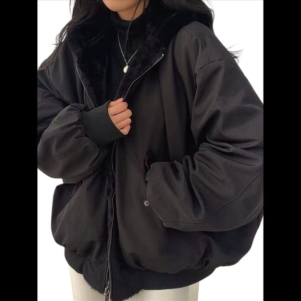 Chaqueta Reversible Y2k con Capucha y Cremallera para Mujer, Abrigo de Invierno de Forro y Piel, Ropa Coreana Cutecore Negro L