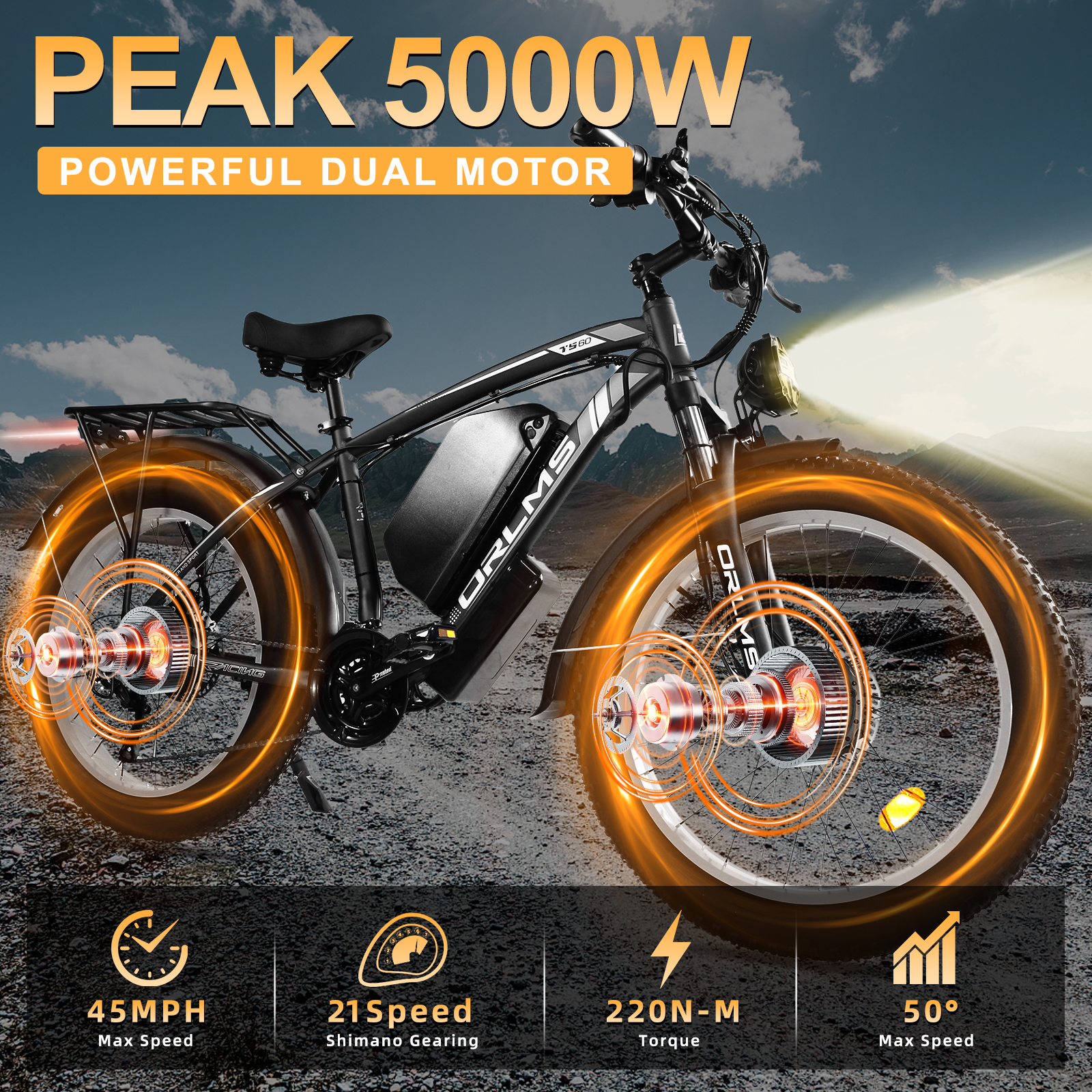 5000W Peak Dual Motor E-Bike, 60V 25AH Battery Electric Bike for Adults, 45MPH Mountain AWD 21-Speed Snow E-Bike with 26" x 4.0 Fat Tire, Long Range Mountain Dirt Off-Road