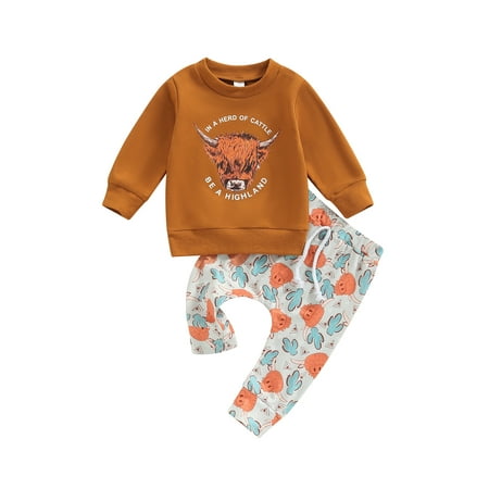 

Infant Baby Boy Clothes Set Letter Print Long Sleeve Sweatshirts Tops and Cow/Cowboy Hat/Cattle Head Print Pants