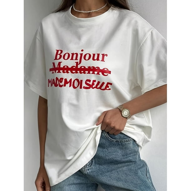 Camiseta de moda para mujer con estampado artístico de letras BONJOUR - Cuello redondo informal, mezcla de poliéster suave, lavable a máquina - Camiseta elegante de verano para adultos, hombres, muje