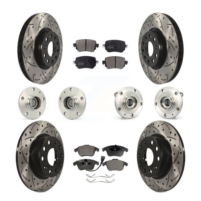Transit Auto Front Rear Hub Bearings Assembly Coated Disc Brake Rotors and Semi-Metallic Pads Kit (10Pc) for Car Volkswagen Passat - Left Right Side (Driver Passenger) KBB-110759