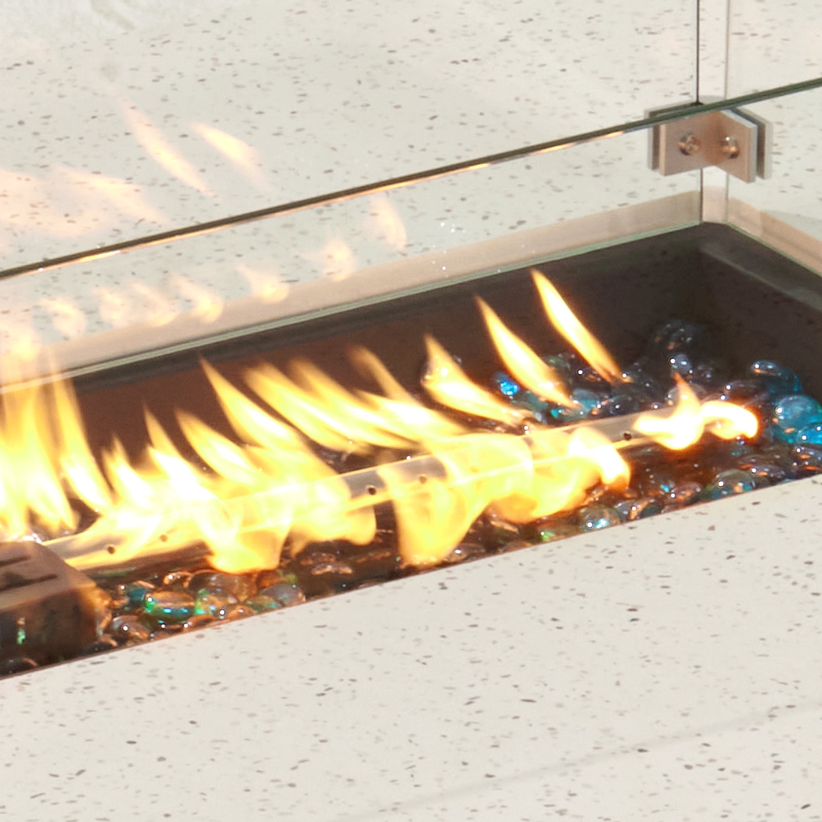 VENTOPYR Outdoor Propane Fire Pit Table, 56-inch x 28-inch Rectangle Terrazzo White Concrete-Like Finish, 50,000 BTU Stainless Steel Burner w Blue Fire Glass, Wind Guard, Raincover