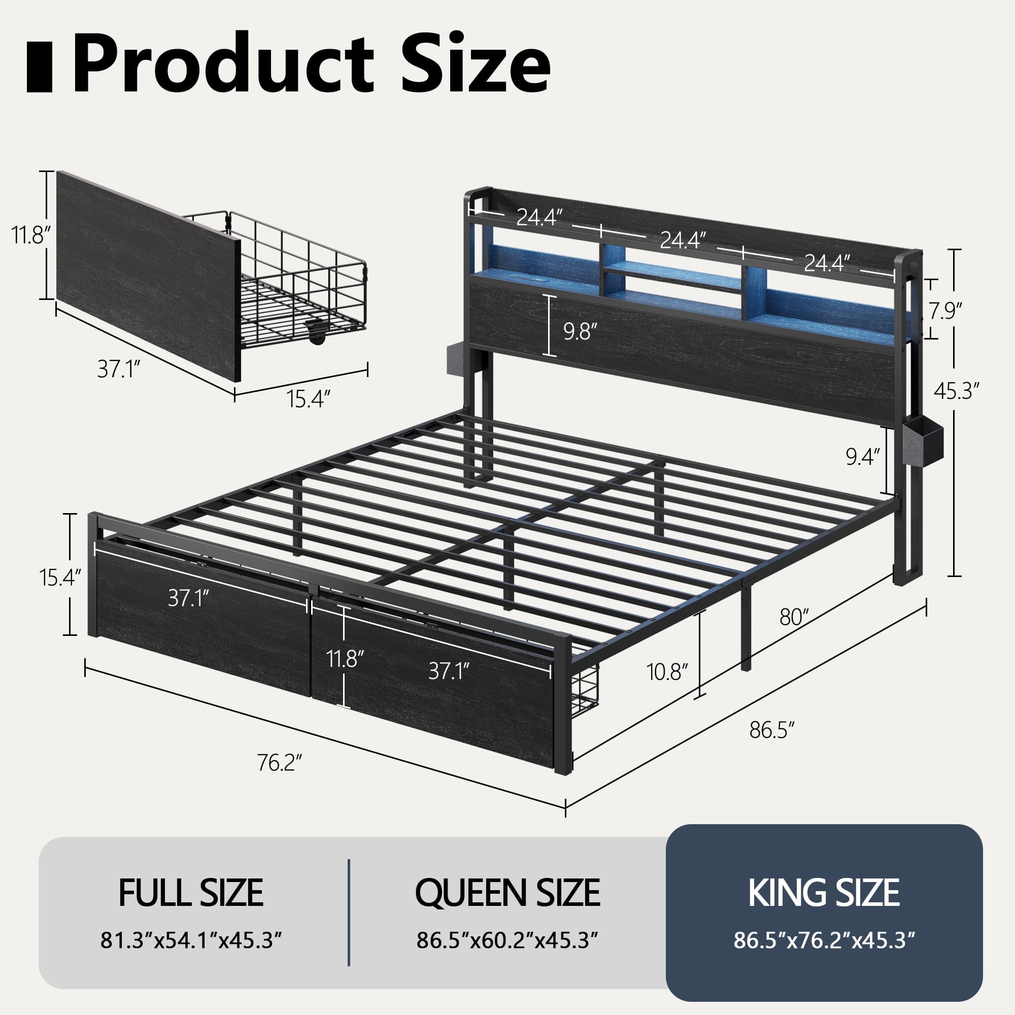 Satifur King LED Platform Bed Frame with Storage Headboard, USB Ports, RGB Lights and 2 Easy-Slide Under Bed Storage Drawers