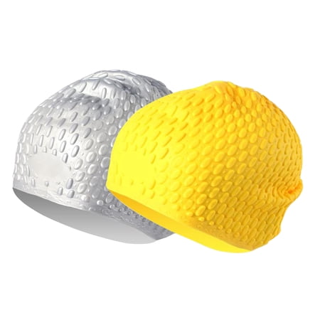 YOOSMATIC Swim Cap,2 Pack Anti-Slip Water Drop Swim Cap for Long Hair, Silicone Swimming Caps for Women Men Adults Yellow Gray