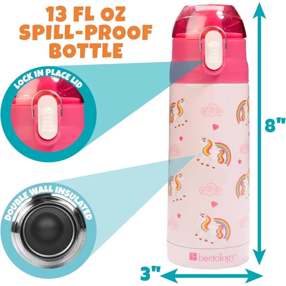 Bentology Kids Lunch Bag Set w Matching Reusable Water Bottle & Hard Ice Pack- Pink Rainbow Unicorns- Insulated Tote, Stainless Steel Insulated Thermos, Hard Ice Pack- For Kids, Girls & Boys