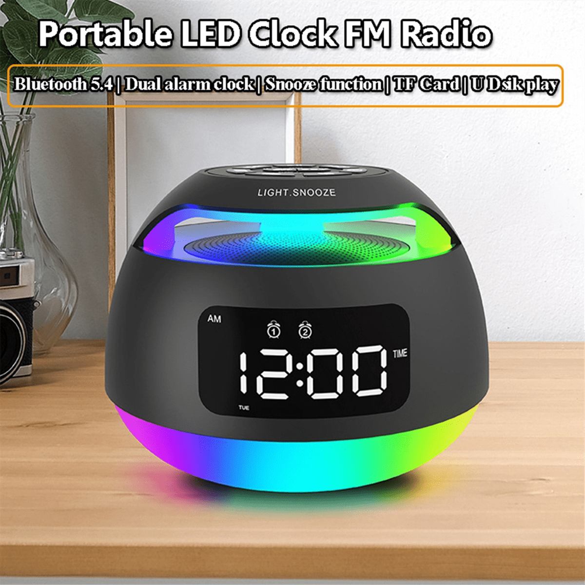 Portable LED Alarm Clock Radio  ColorfulLight Radio Receiver Wireless Bluetooth Speaker with DualAlarm Clock Snooze,B