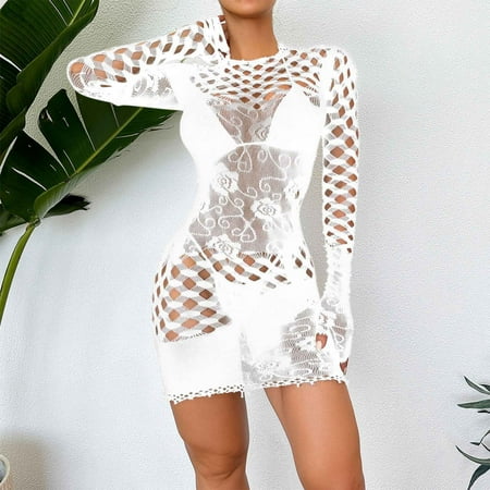 Abomasnow Fishnet Dress Lingerie for Women  Sexy Mesh See-Through Sheer Hollow Out Babydoll Bodysuit Slim Fit Lace Bodycon Mini Dress  One Size