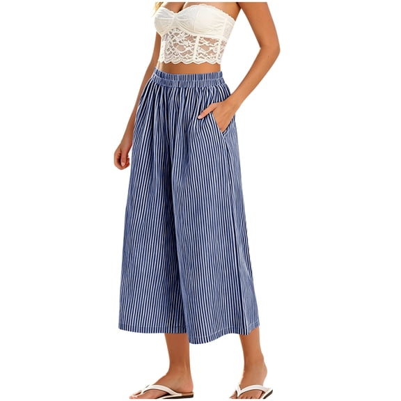 Admvng Women's Striped Wide Leg Elastic High Waist Pockets Culottes Copped Pants