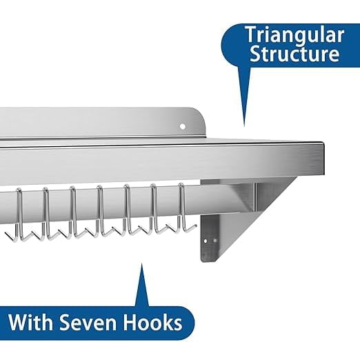 Luku Metal Multifunctional Storage Rack with Backsplash for Kitchen,Wall Mount Shelf with 7 Hooks, Multifunctional for Home and Restaurant