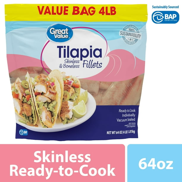Great Value Tilapia Skinless & Boneless Fillets Value Bag, 4 lb