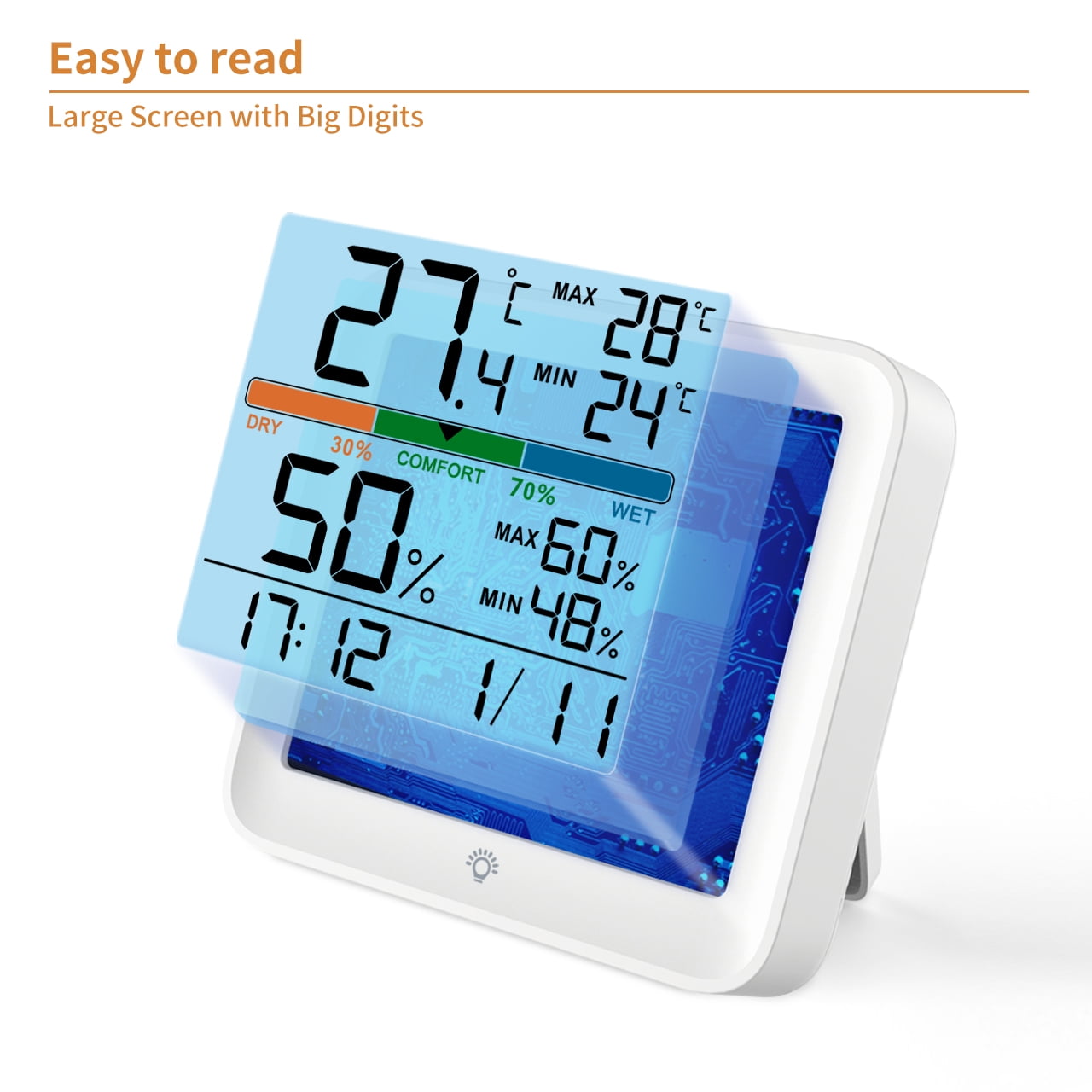 VOCOO Digital Indoor Thermometer Hygrometer, Accurate with Calibration, Backlight, Air Comfort Indicator, 24H Max Min Records, Time, Date
