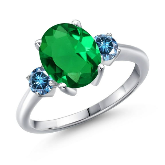 Gem Stone King 925 Sterling Silver Ring Oval Green Nano Emerald and Vivid Persian Blue Moissanite (2.46 Cttw, Size 6)