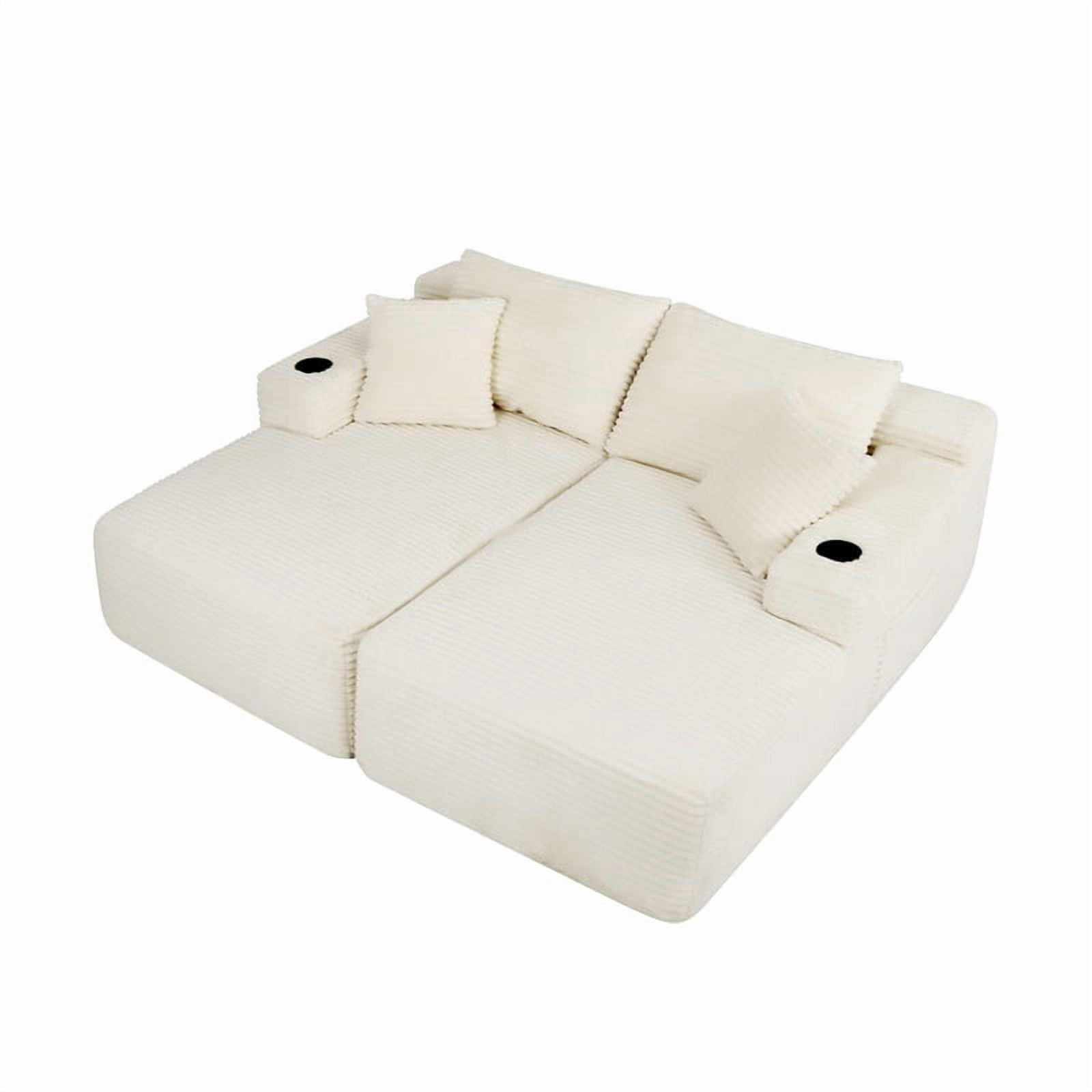 2-Seater Double Chaise Lounge, Deep Seat Upholstered Floor Couch, Boneless Loveseat Sofa with Cup Holder & Storage Pocket