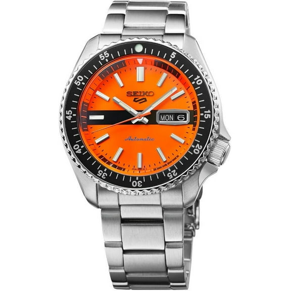 SEIKO SRPK11 Automatic Watch for Men - 5 Sports Collection - Men's Sport Watch with Orange Dial, Stainless Steel Bracelet - Water-Resistant 100M