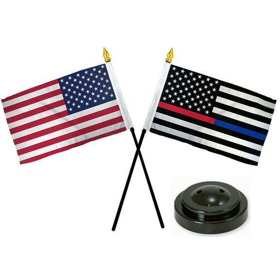 USA Thin Red Blue Line with USA American Flag 4"x6" Desk Set Black Base