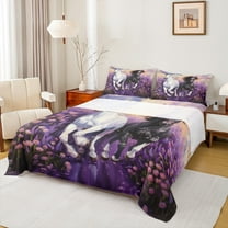 Feelyou 3D Racing Horse Twin Sheet Sets, Dreamy Purple Groovy Flower Twin Fitted Sheet, Rustic Farmhouse Animal Flat Sheet, Lightweight Room Decor, 3 Pieces