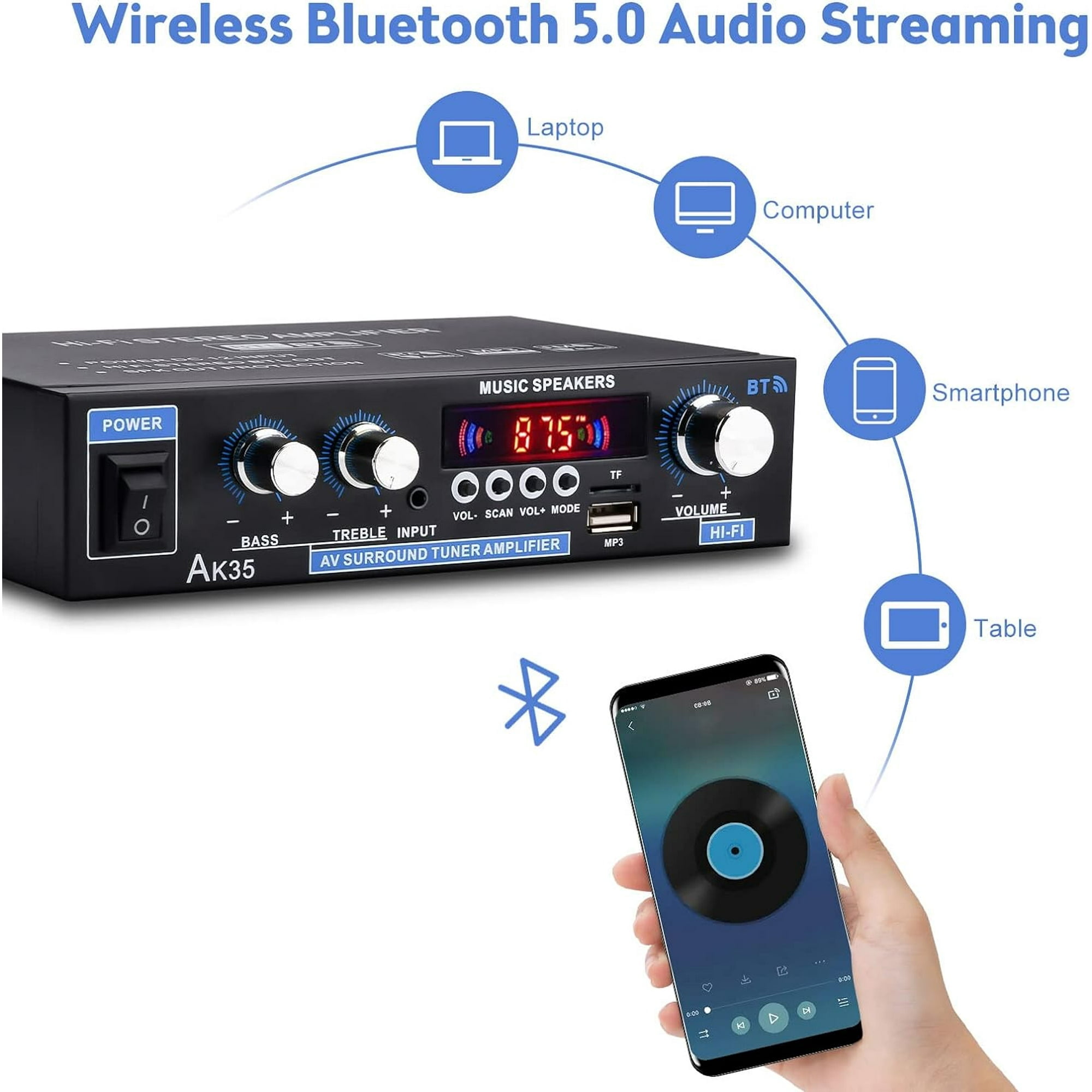 Bluetooth Digital Amplifiers Audio Stereo Receiver,AK35 200W Home 110-240V Bluetooth Bass Audio Power compatible Amplifier, Hifi FM USB Auto Music Subwoofer Speakers Audio Amplifier Receiver