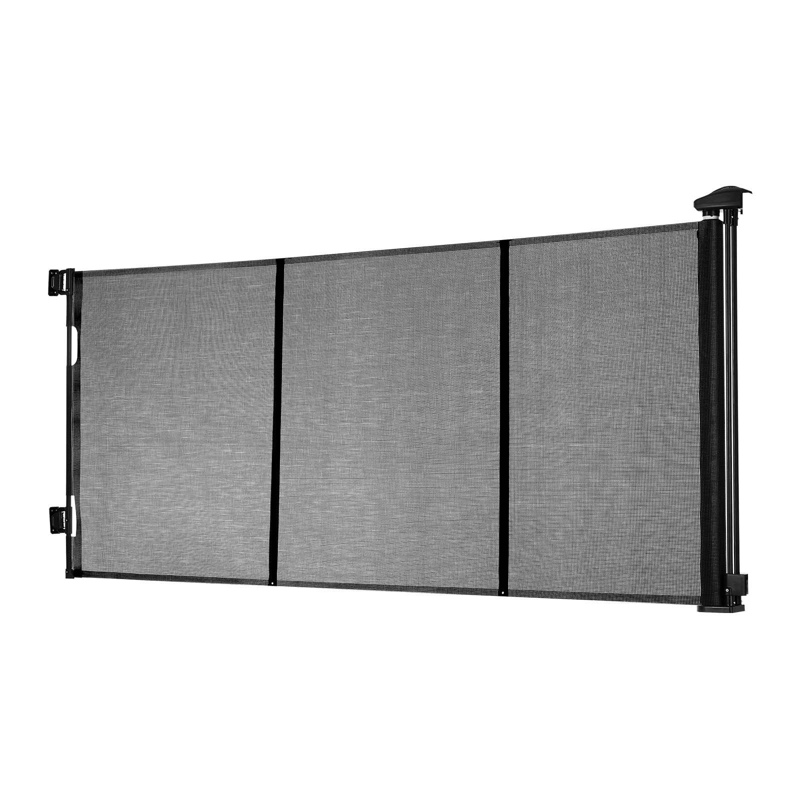 KFFKFF Retractable Baby Gate, Expands Up to 122 Inches Wide, 31.3 Inches High, with Durable Fiberglass Strips, Prevents Crawling, Mesh Pet Barrier for Decks, Doorways, Garages, Indoor Use, Black