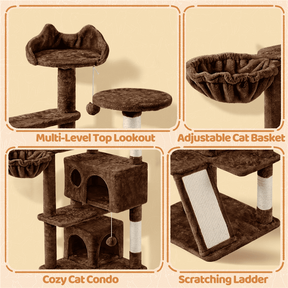 Alden Design 57.5" Double Condo Cat Tree with Scratching Post Tower, Brown