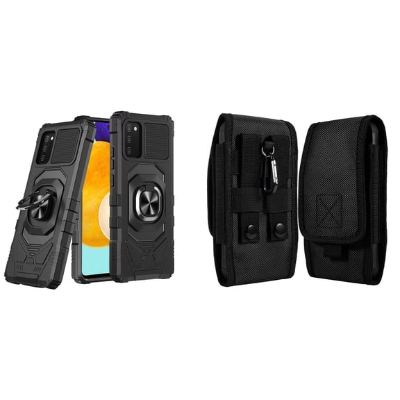Case with Belt Holster Bundle for Samsung Galaxy A03s: Heavy Duty Series Protection Cover (Black) and Vertical Rugged Nylon Phone Pouch