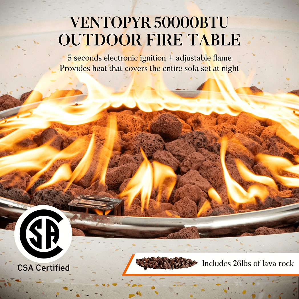 VENTOPYR 28" Round Dual-Texture Concrete Fire Pit Table with Cover & Lava Rocks​​