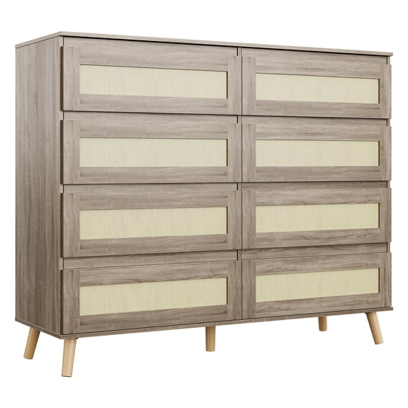 Panapinka 47" TV Stand & 8-Drawer Rattan Dresser, Large Storage Chest with Wood Legs & Spacious Tabletop, Mid-Century Modern Dresser for Bedroom, Living Room, Hallway
