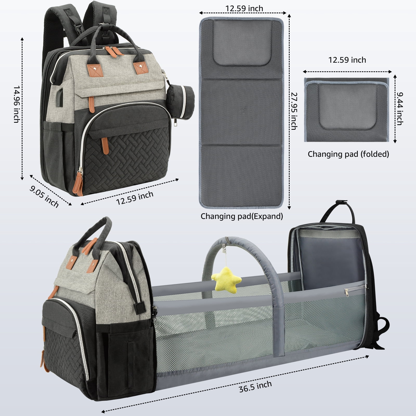 Diaper Bag Backpack for Mom and Dad – Large Capacity Baby Bag w/ USB Port – Waterproof Travel Backpack for Baby Essentials, Stylish Gray/Black