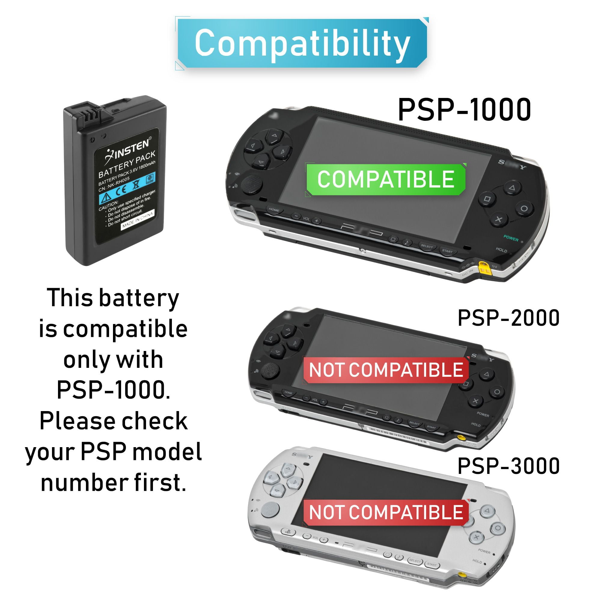 Insten Compatible With SONY PSP 1000 1001 High capacity 1800mAh Battery