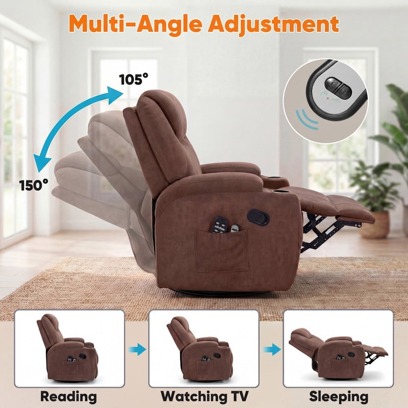 Vineego Massage Swivel Rocker Recliner with PU Leather Fabric Small Spaces Lounge Chair with Two Cup Holder for Bed Room,Linen Brown