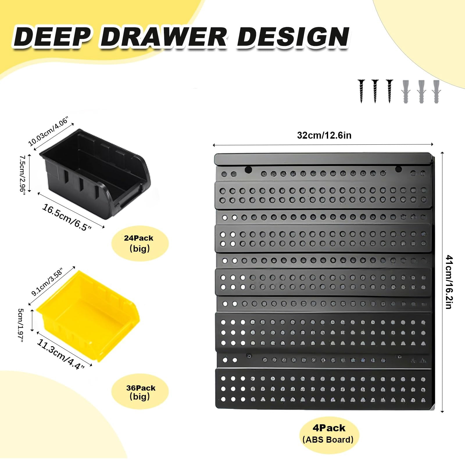 60 PCS Wall Mounted Storage Bins Organizer, Large Plastic Nut & Bolt Organizer with Pegboard, Screw Storage Bins for Garage, Workshop, Hardware, Crafts (Yellow & Black)