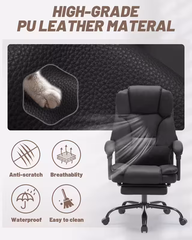 Qusaphy 600lbs Big and Tall PU Leather Executive Office Chair, Reclining Backrest up to 155°, Spring Cushion Seat, Lumbar Support & Adjustable Armrests for Home Office or Conference Room
