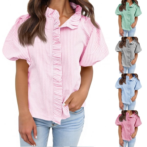 Endives Womens Short Sleeve Shirt Summer Fashion Ruffled Collar Striped Printed Casual Button Down Shirt Summer Sky Blue
