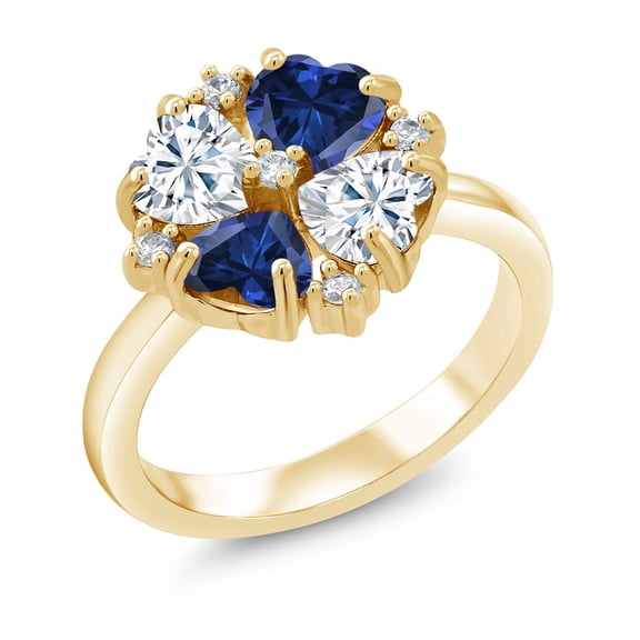 Gem Stone King 18K Yellow Gold Plated Silver Moissanite and Blue Created Sapphire Ring for Women (2.08 Cttw, Heart Shape 5MM, Gemstone Birthstone, Size 7)