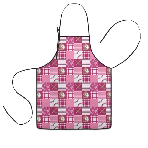 Pink Plaid Baseball Pattern Kids Aprons for Girls and Boys,Adjustable Neck Strap Toddler Aprons for Kids Cooking Baking