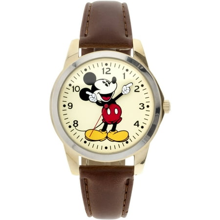 Disney Mickey Mouse Men's Round Imitation Gold and Brown Watch, Faux Leather Strap