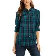 Charter Club Women's Petite Cotton Plaid Utility Shirt Black Size Extra Large