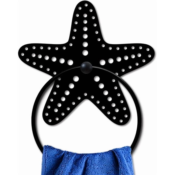 Starfish Metal Towel Ring Summer Ocean Theme Towel Holder Polka Dot Starfish Wall Decor Towel Hanger Black Art Towel Rack Wall Mounted for Bathroom Kitchen Home Decors Gift for DIY