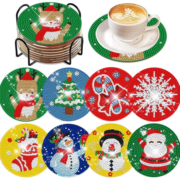 8 Posavasos Con Pintura Diamantes Con Soporte para Adultos (Navidad #10)