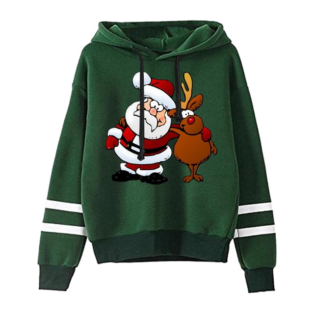 Chandail en Molleton d'Hiver pour Femmes, Blouse Ample Mi-Longue, Chandail à Capuchon de Noël, Pull Imprimé Xmas, Col Rond Chaud