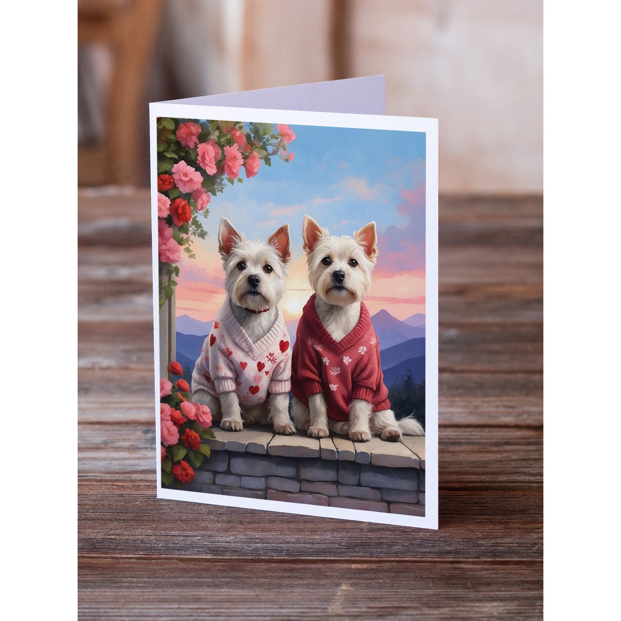 Westie Two Hearts Greeting Cards Pack of 8 7 in x 5 in