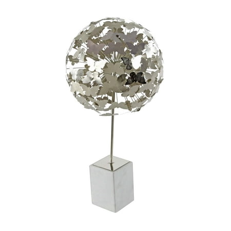 Forged Iron Sculpture Decmode Contemporary 24 inch silver iron butterfly ball sculpture with white marble base, Silver ()