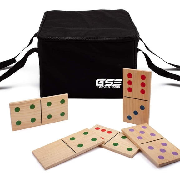 GSE Games & Sports Expert 5"x2.5" 28 Pieces Multi-Color Dots Giant Wooden Dominoes Game Set with Carry Bag. Family Dominoes Game Set for Outdoor Lawn Yard Games (Small)