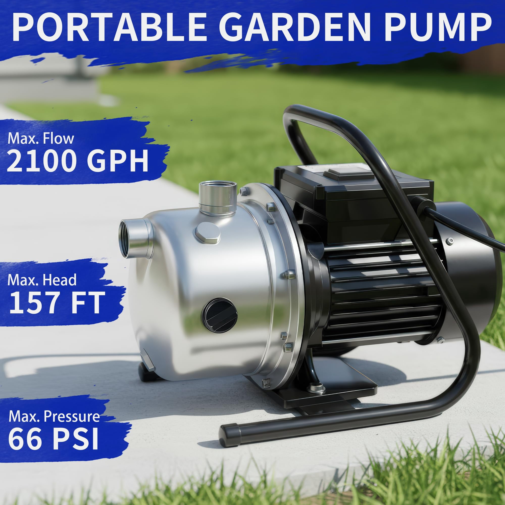 LANCHEZ 1.2 HP Stainless Steel Shallow Well Pump 115V 2100 GPH Water Booster Jet Pump