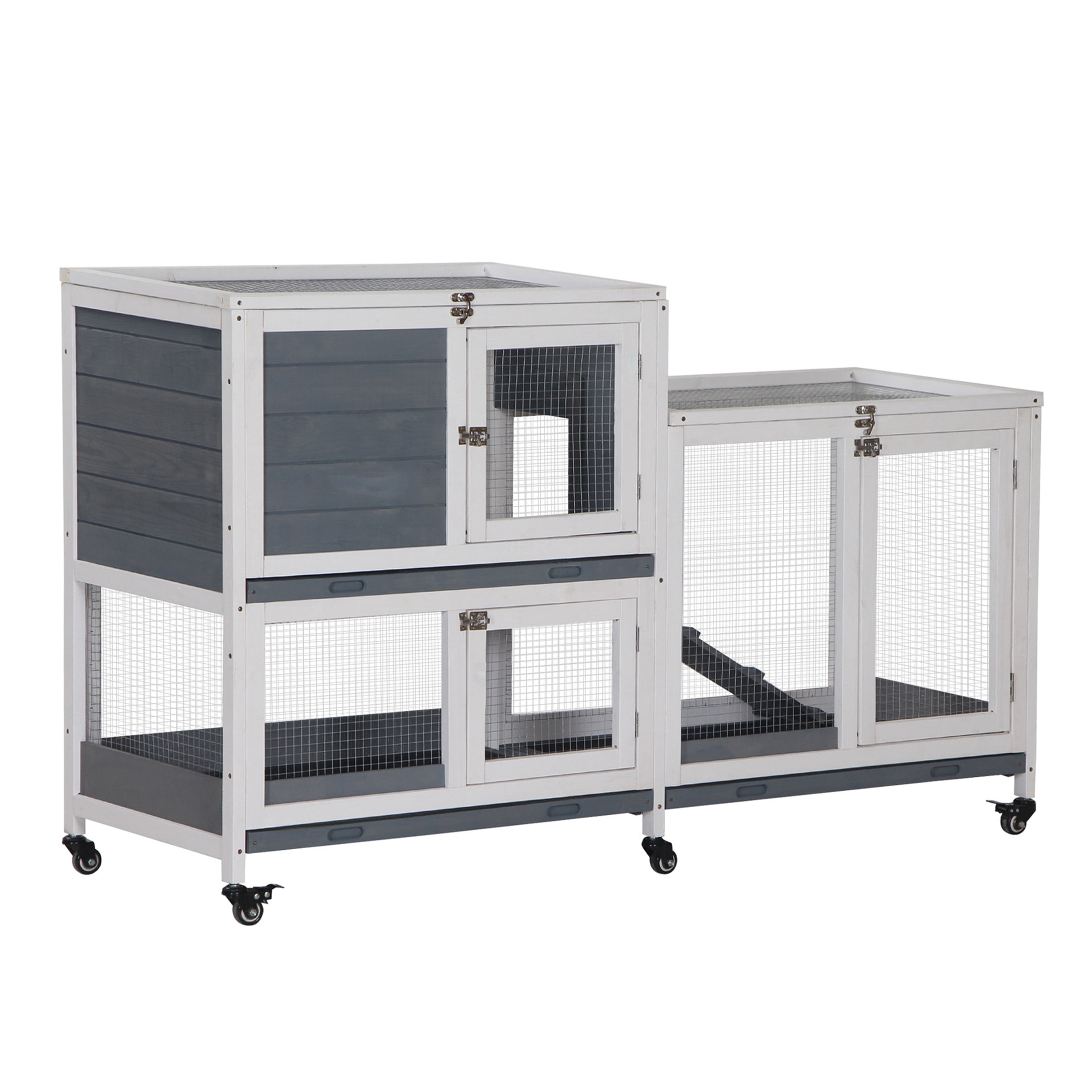 JERFIT 2-Tier Wooden Rabbit Hutch with Wheels, Spacious Indoor Bunny Cage House with Leak-Proof Tray & Ramp for Guinea Pigs, Small Animals, Grey