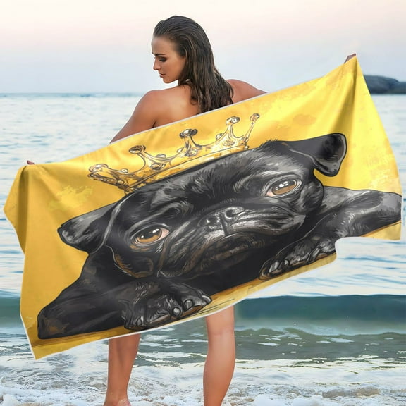 Qxltty Crown Black Pug Dog Beach Towel Sand Free Bath Towel Absorbent Quick Dry Soft Lightweight Blanket for Travel Gym Camping 60x30in