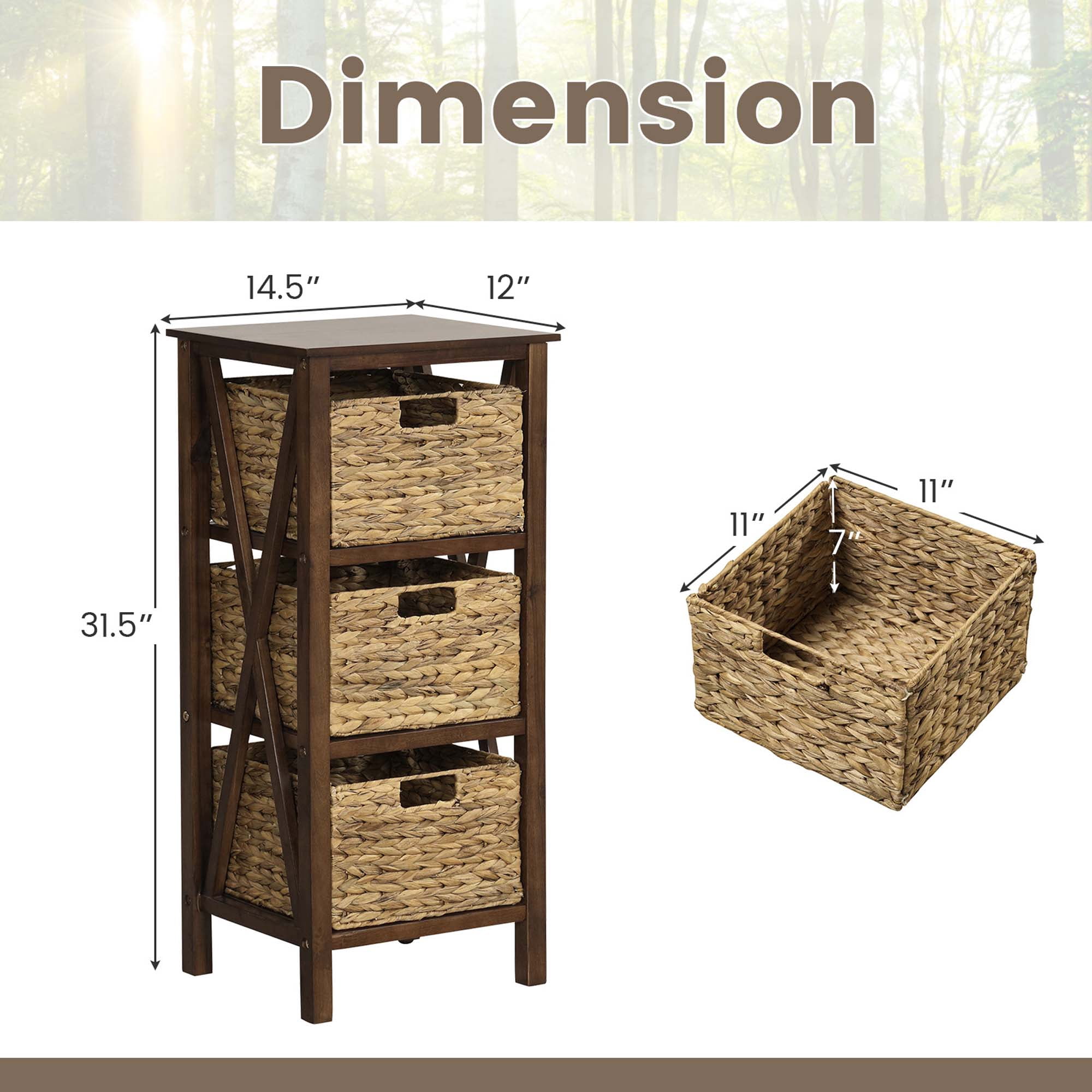 Costway 2 PCS 3-Tier Nightstand with 3 Seagrass Baskets Rubber Wood X-Shaped Frames 3 Drawers