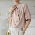 thumbnail image 4 of FNFYFH Short Sleeve Shirts for Women Button Down Tops with Bow Comfy Solid Tees,White, 4 of 4