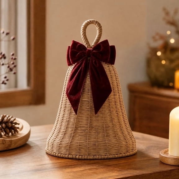 Hand Woven Rattan Bell Ornament With Fabric Bow,Natural Wicker Bell Hanging Decor, Farmhouse Style Holiday Pendant for Christmas Tree,Wall,Mantel Indoor Home Decoration