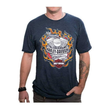 Harley Shovelhead Engine Harley-Davidson Mens Hot Flaming Engine Short Sleeve T-Shirt, Midnight Navy (XL), Harley Davidson ()